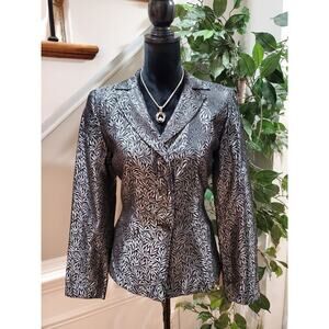 Jenni Max Vintage Black & Silver Single Breasted Super Shine Leaf Blazer Size 6